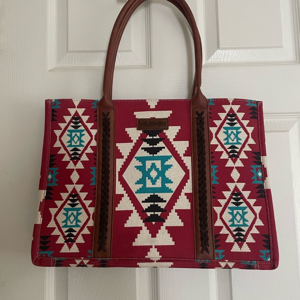 NWOT Wrangler Red Aztec Tote Bag with Brown Handles